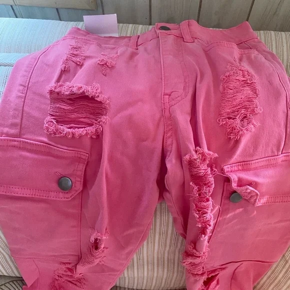 fashion nova money honey 5 distressed pink coral jeans skinny cargo pocket rip - Picture 6 of 7